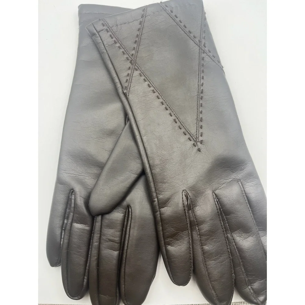 Vintage Womens Brown Leather Gloves Geometric Stitched Lined Winter Dress Gloves